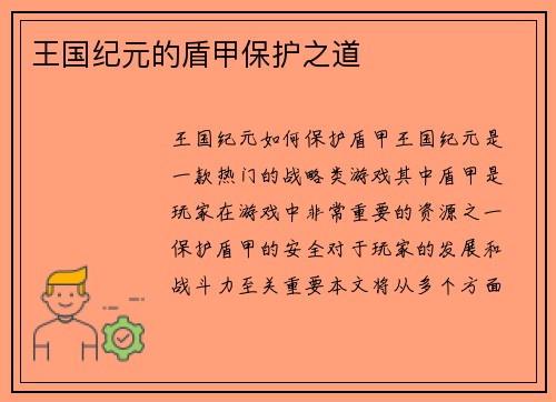 王国纪元的盾甲保护之道